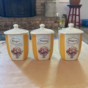 Spice Jars Czechlosovakia Orange & Pink Roses Lusterware Allspice Nutmeg Ginger